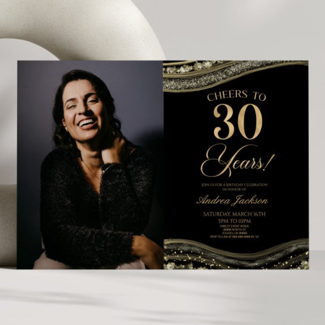 Svarta Guld Agate Bild 30års födelsedag Party Inbjudningar (Skapare uppladdad)