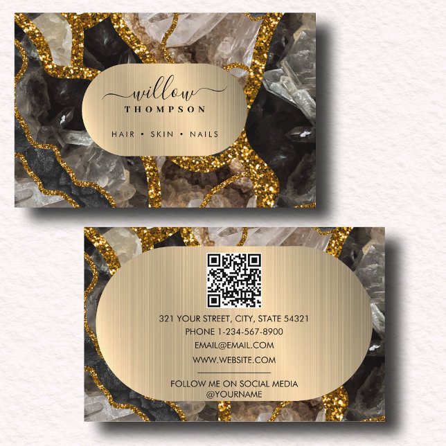 Svarta & Guld Agate Geode Glitter Marble QR-kod Visitkort (Black & Gold Agate Geode Glitter Marble QR Code Business Card)