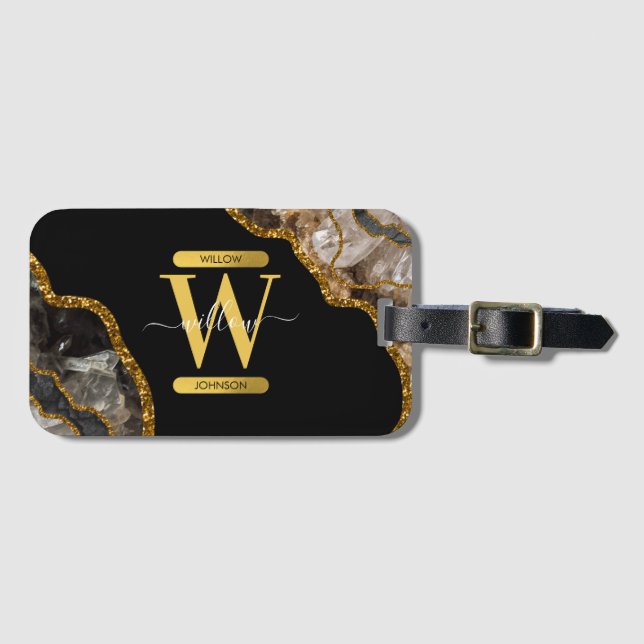 Svarta & Guld Agate Geode Glitter Monogram Bagagebricka (Framsida horisontal)