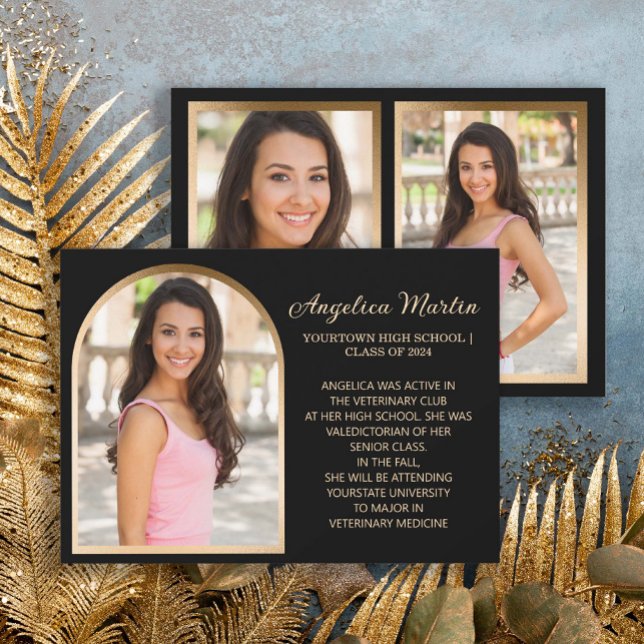 Svarta Guld Arch Photo Studenten-meddelande Meddelande (Black and gold photo announcement for the class of 2024)