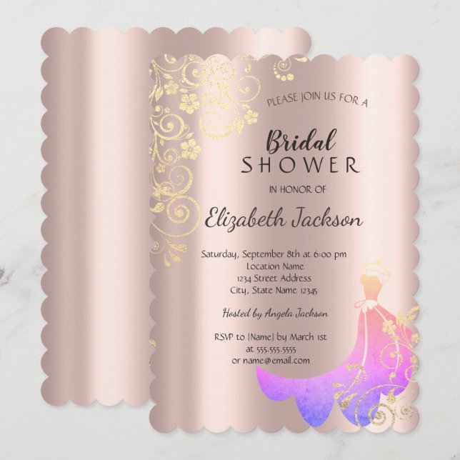 Svarta, Guld Blommig Klänning Roséguld Bröllopsfes Inbjudningar (Fram/baksida)