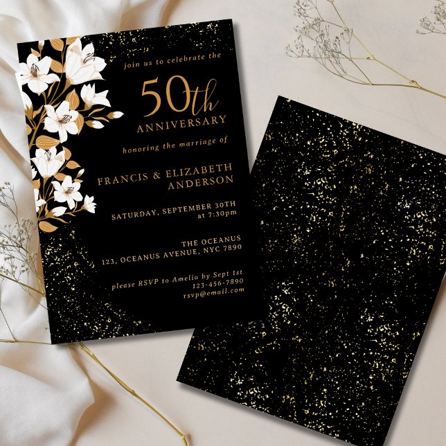 Svarta Guld-Blommigten 50:e Bröllop-årsdagen Inbjudningar (Skapare uppladdad)