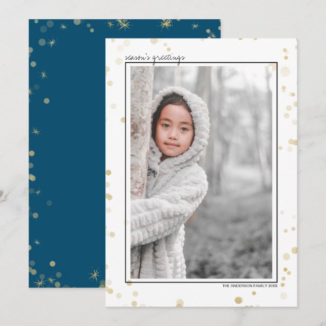 Svarta & Guld Bokeh Stjärnor Julhälsning Foto Julkort (Fram/baksida)