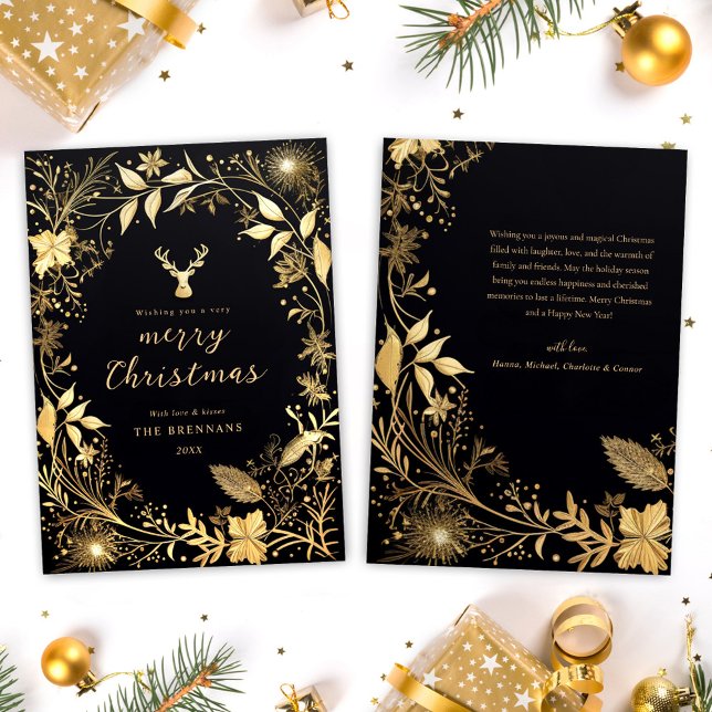 Svarta Guld, botaniska festen Snyggt jul Julkort (Black Gold Botanical Festive Stylish Christmas Holiday Card)