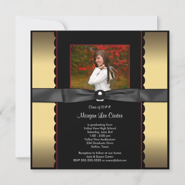 Svarta Guld Bow Photo Studenten-meddelande Inbjudningar (Framsida)