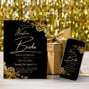 Svarta Guld Broderade Bröllopsinbjudningar Inbjudningar