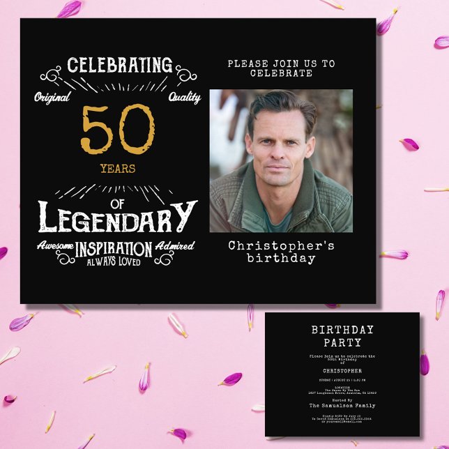 Svarta Guld budget 50:e födelsedagsinbjudan Flygblad (Celebrate the golden age of your loved one's life with this budget-friendly 50th birthday invitation)