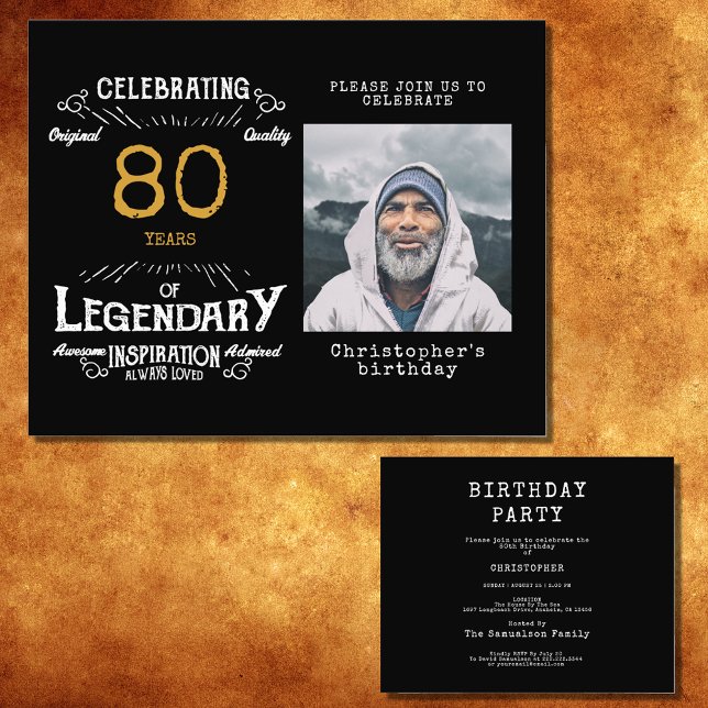 Svarta Guld budget 80:e födelsedagsinbjudan Flygblad (Celebrate the golden age of your loved one's life with this budget-friendly 80th birthday invitation)