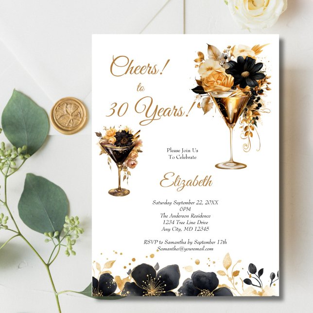 Svarta Guld Cocktails Drycker Blommor 30-årsdag Inbjudningar (Black gold Florals and Cocktails 30th birthday party invitation for her. Printed or Digital Download)