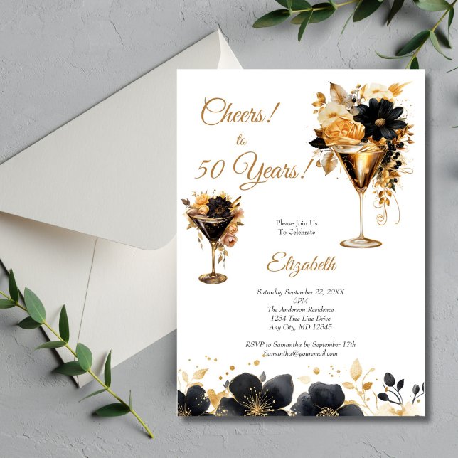 Svarta Guld Cocktails Drycker Blommor 50-årsdag Inbjudningar (Black Gold Watercolor Florals Cocktails 50th Birthday party invitation for her. Digital or Printed)