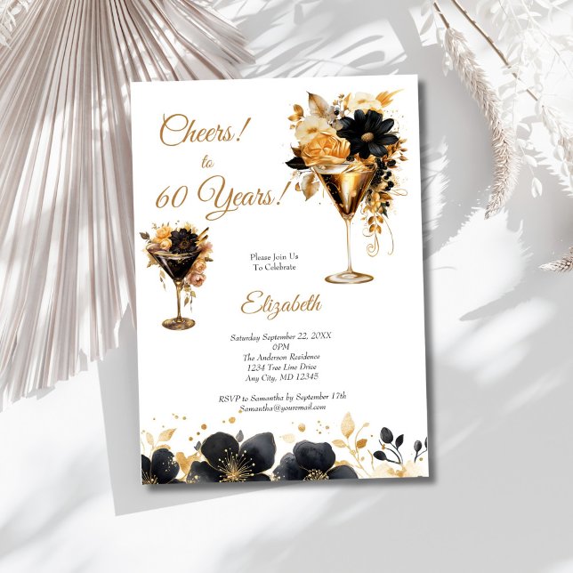 Svarta Guld Cocktails Drycker Blommor 60-årsdag Inbjudningar (Black Gold Florals Cocktails 60th Birthday party invitation for her. Printed or Digital)