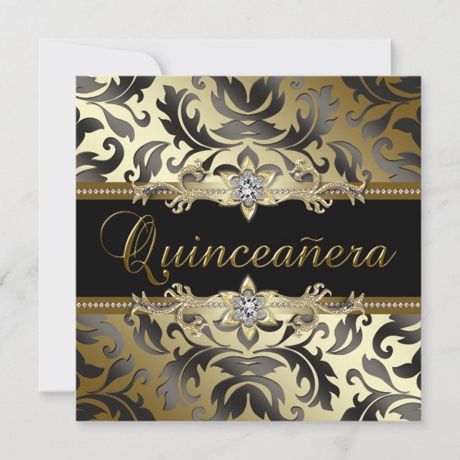 Svarta Guld Damast Quinceanera Inbjudningar (Framsida)
