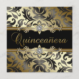 Svarta Guld Damast Quinceanera Inbjudningar