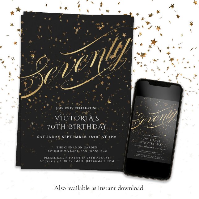 Svarta Guld-Eleganten 70:e Födelsedagsfesten Inbjudningar (70th Birthday Glamorous Confetti Black Gold Custom Invitation. Also available as Instant download!)