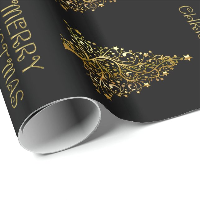 Svarta Guld-Eleganten, Chic Julgran Stars Presentpapper (Rullad Hörn)