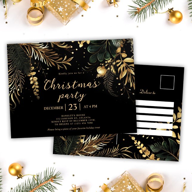 Svarta Guld-Eleganten, jul, Party Helgdag Inbjudan Vykort (Black Gold Elegant Christmas Party Holiday Invitation Postcard)