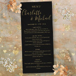 Svarta Guld-Eleganten Namnteckning Bröllop-meny Meny<br><div class="desc">Elegant svart och guld namnteckning bröllop-menykort med namnteckning stil namn,  det här moderna menykortet kan vara personlig med din information i chic guld. Designad av Thisisnotme©</div>
