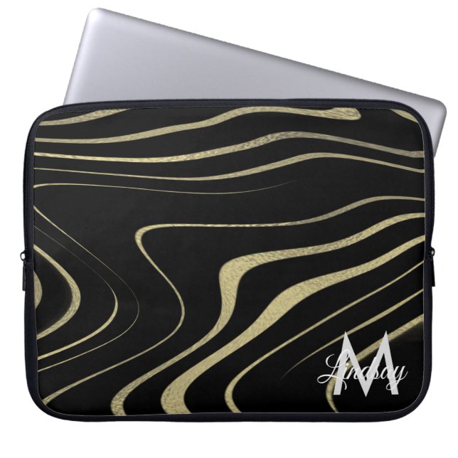 Svarta Guld Falska Folie Virvlar Monogram  Laptop Fodral (Framsidan)