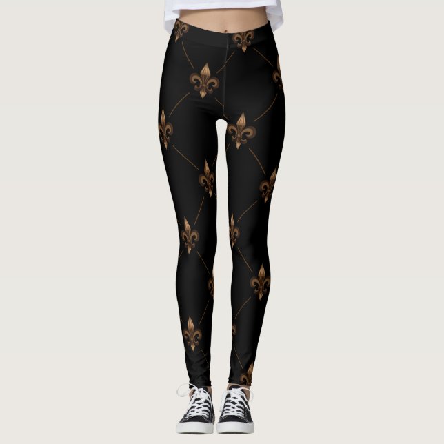 Svarta Guld Fleur De Lis Elegant Luxury Mönster Leggings (Framsida)