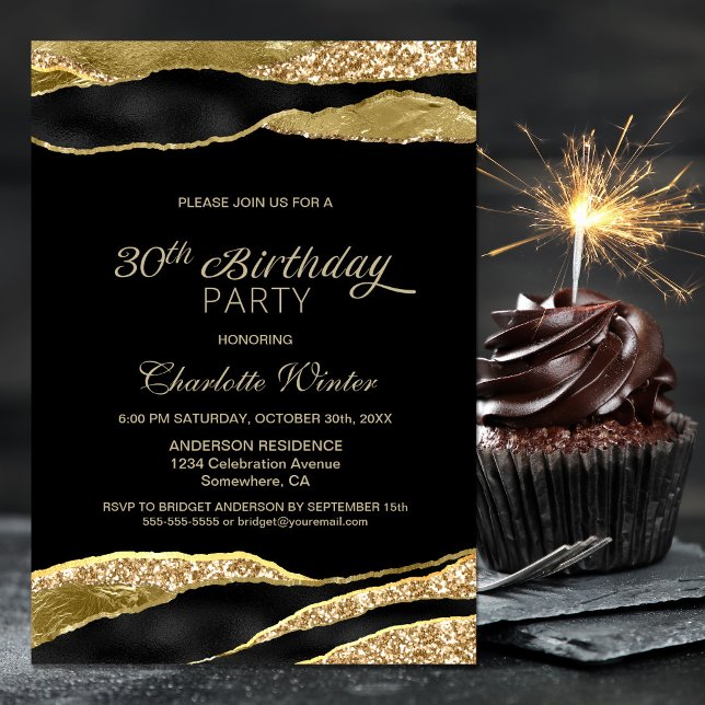Svarta Guld Glitter 30års födelsedag Party Inbjudningar (Skapare uppladdad)