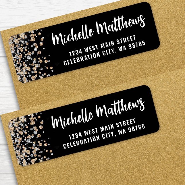 Svarta Guld Glitter 50:e födelsedag Returadress Etikett (Black Gold Glitter 50th Birthday Return Address label)