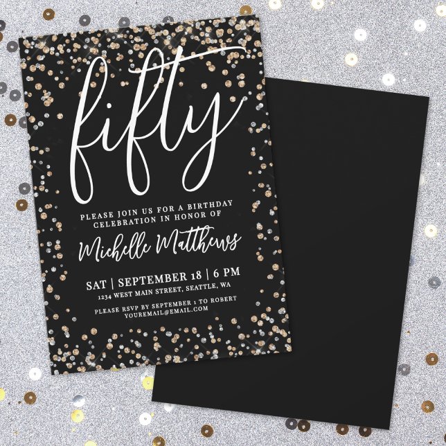 Svarta Guld Glitter 50:e födelsedagen Inbjudningar (Black Gold Glitter 50th Birthday Invitation)