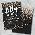 Svarta Guld Glitter 50:e födelsedagen Inbjudningar<br><div class="desc">Vi presenterar en chic och firar 50:e födelsedagsfest inbjudan, perfekt för att markera denna speciella milstolpe i stil. Elegantens utformning har en blandning av konfekti mellan guld och silver glitter, vilket ger en aning roligt och festlighet. Överst visas "femtio" på en framträdande plats i fet kalligrafi, där tonen för ett...</div>