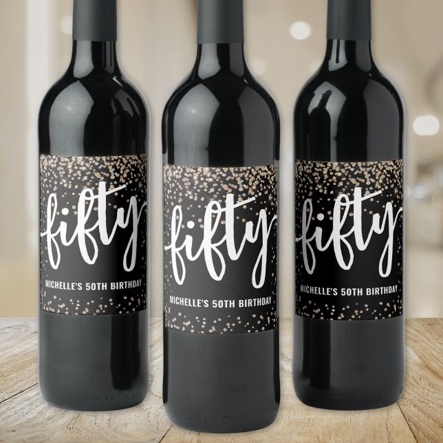 Svarta Guld Glitter 50:e födelsedagen Vinflaska Etikett (Black Gold Glitter 50th Birthday Wine Label)