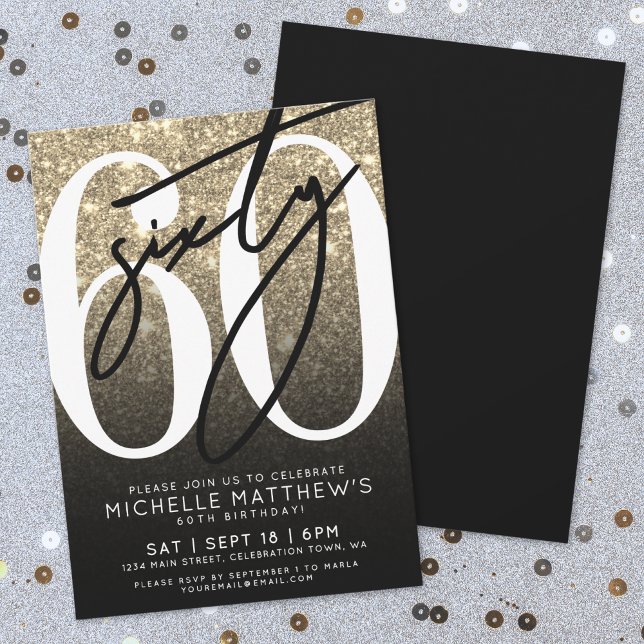 Svarta Guld Glitter 60:e födelsedagen Inbjudningar (Black Gold Glitter 60th Birthday Invitation)