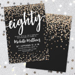 Svarta Guld Glitter 80:e födelsedagen Inbjudningar<br><div class="desc">Vi presenterar en chic och firar 80:e födelsedagsfest inbjudan, perfekt för att markera denna speciella milstolpe i stil. Elegantens utformning har en blandning av konfekti mellan guld och silver glitter, vilket ger en aning roligt och festlighet. Överst visas "80" på en framträdande plats i fet kalligrafi, där tonen för ett...</div>
