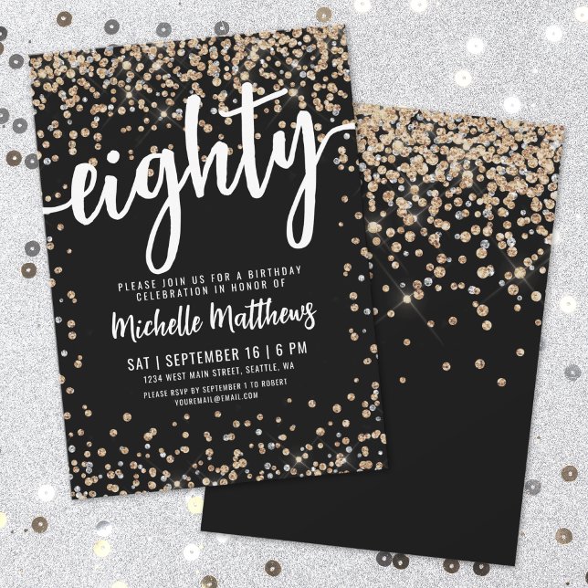 Svarta Guld Glitter 80:e födelsedagen Inbjudningar (Black Gold Glitter 80th Birthday Invitation)