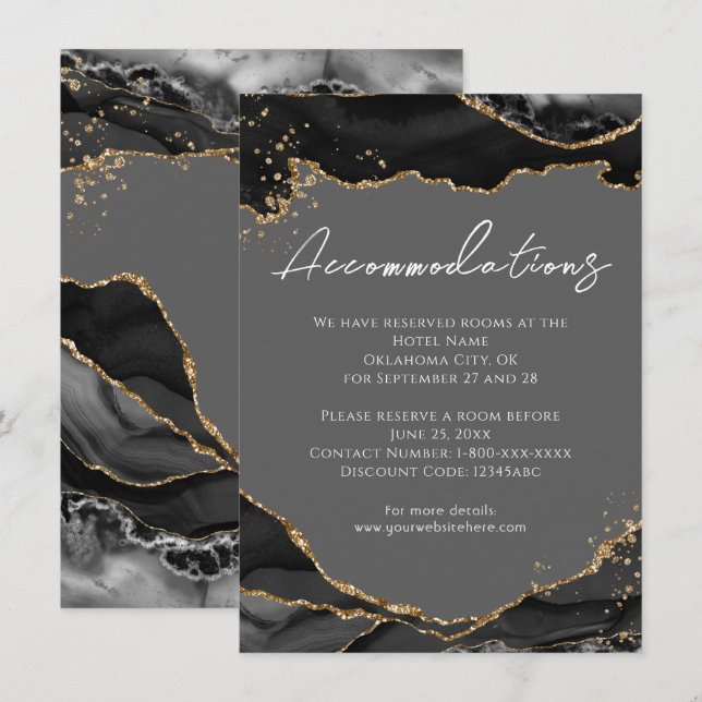 Svarta Guld Glitter Agate Bröllopsinbjudan  Tilläggskort (Fram/baksida)