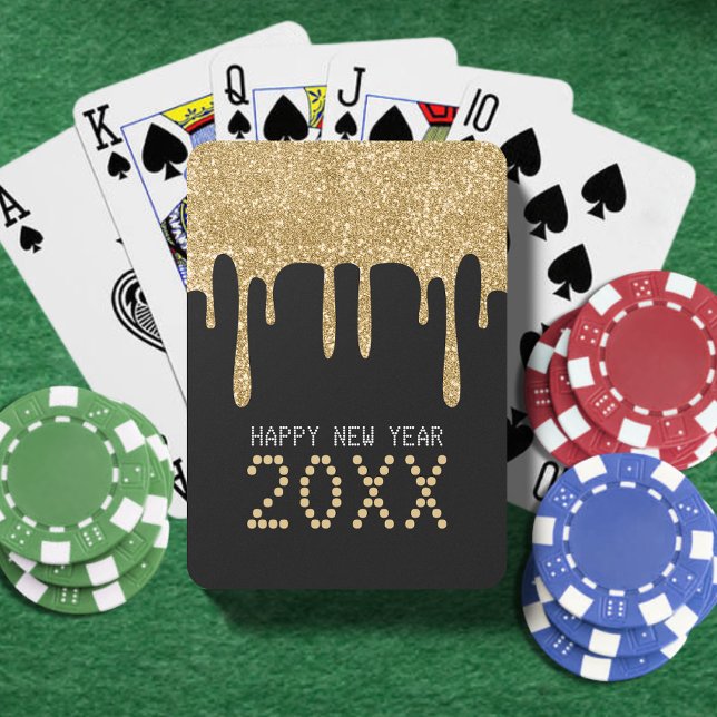 Svarta & Guld Glitter Drip Gott nytt år 2024 Casinokort (Black & Gold Glitter Drip Happy New Year 2024 Playing Cards)