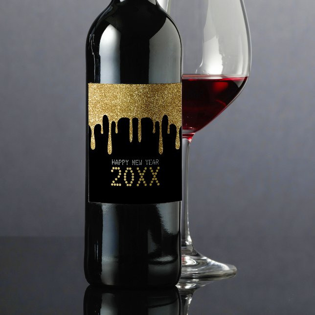 Svarta & Guld Glitter Drip Gott nytt år 2024 Vinflaska Etikett (Black & Gold Glitter Drip Happy New Year 2024 Wine Label)