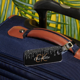 Svarta guld glitter droppar i monogram namn bagagebricka