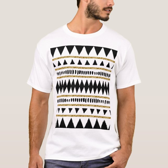 Svarta Guld Glitter Etniska Mönster T Shirt (Framsida)
