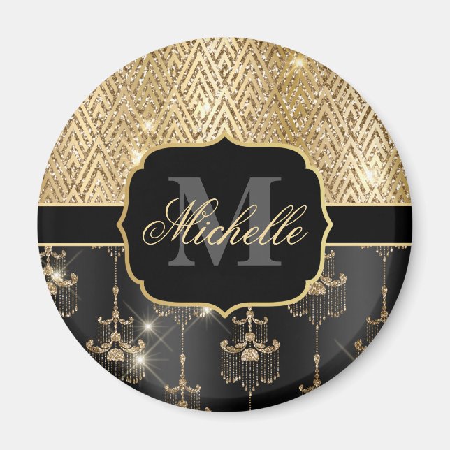 Svarta & Guld Glitter Glam Taklampor & Art Deco Magnet (Framsidan)