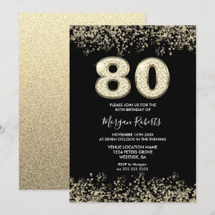 Svarta Guld Glitter, Manar, 80:e Födelsedagsfesten Inbjudningar