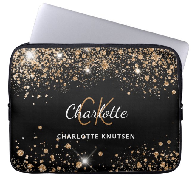 Svarta guld glitter monogram namn glam laptop fodral (Framsidan)