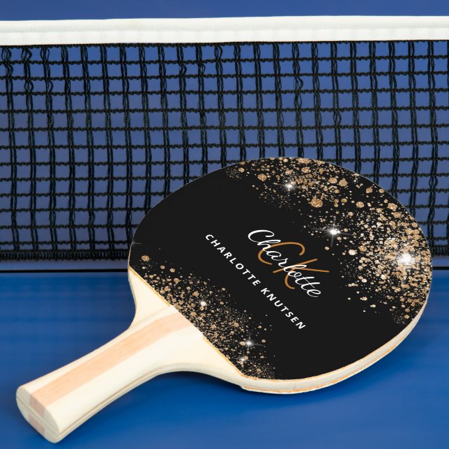 Svarta guld glitter monogram namn glitter pingisracket (Insitu)