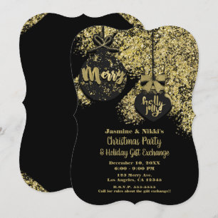 Svarta Guld Glitter Ornamenter Holiday Glam Party Inbjudningar