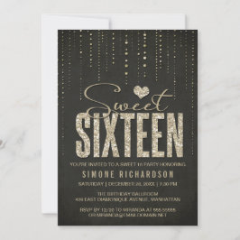 Svarta & Guld Glitter-utseendet sötat 16 (sexton)  Inbjudningar