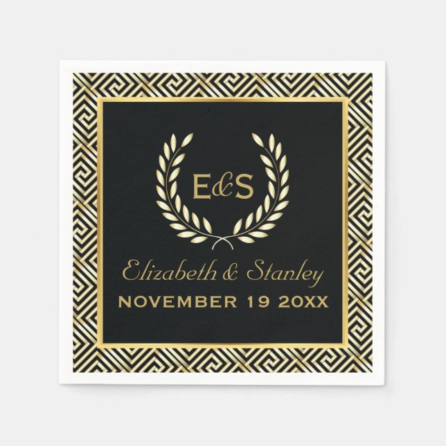 Svarta, guld, grekiska nyckel och bröllop pappersservett (Framsidan)