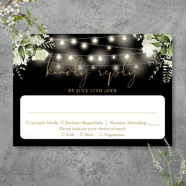 Svarta Guld Grönska Blommig Stränglyktor Bröllop OSA Kort (Black Gold Greenery Floral String Lights Wedding RSVP Card)