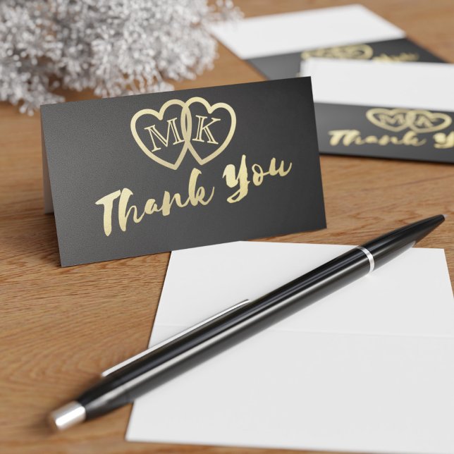Svarta Guld Hjärt Mini Bröllop Tacksamhetskort Placeringskort (Mini thank you cards with space for your initials in the gold hearts)