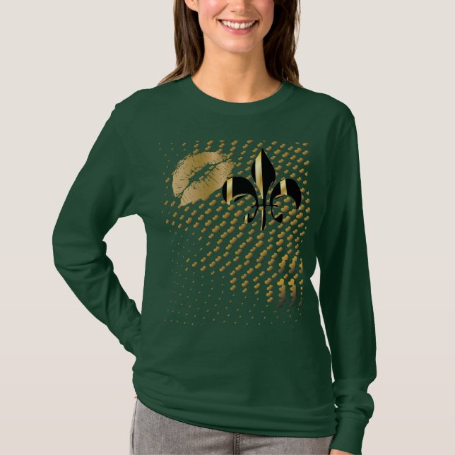 Svarta guld-hjärtan/kyss Fleur de Lis Tee Shirt (Framsida)