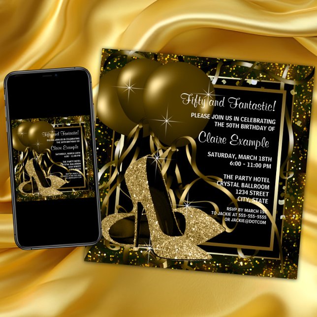 Svarta Guld Höga Klackar Kvinnors Födelsedagsfest Inbjudningar (Black gold high heel shoe birthday party invitation. Any number gold glitter shoe invitation.)