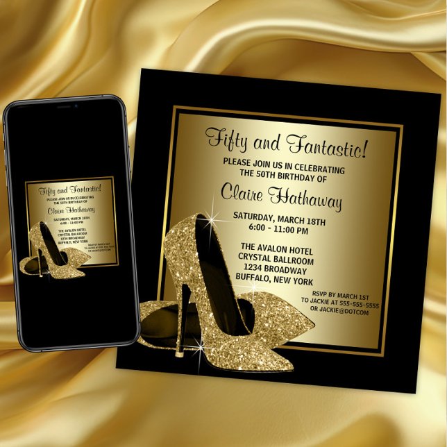 Svarta Guld-Högklackarna Dam födelsedagsfest Inbjudningar (Womans Black Gold High Heels  Birthday Party Invitation. Any number or event.)