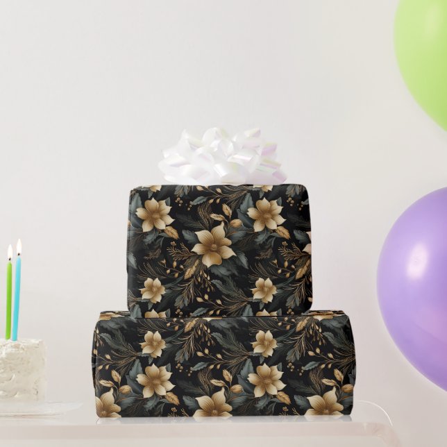 Svarta Guld-julen, Blommigt White Poinsettia Presentpapper (Festgåvor)