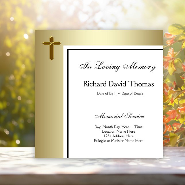 Svarta Guld Kor i minnesminnesminnesminnesminnesmi Inbjudningar (Simple elegant gold cross memorial and funeral announcement. Simply add your event details.)